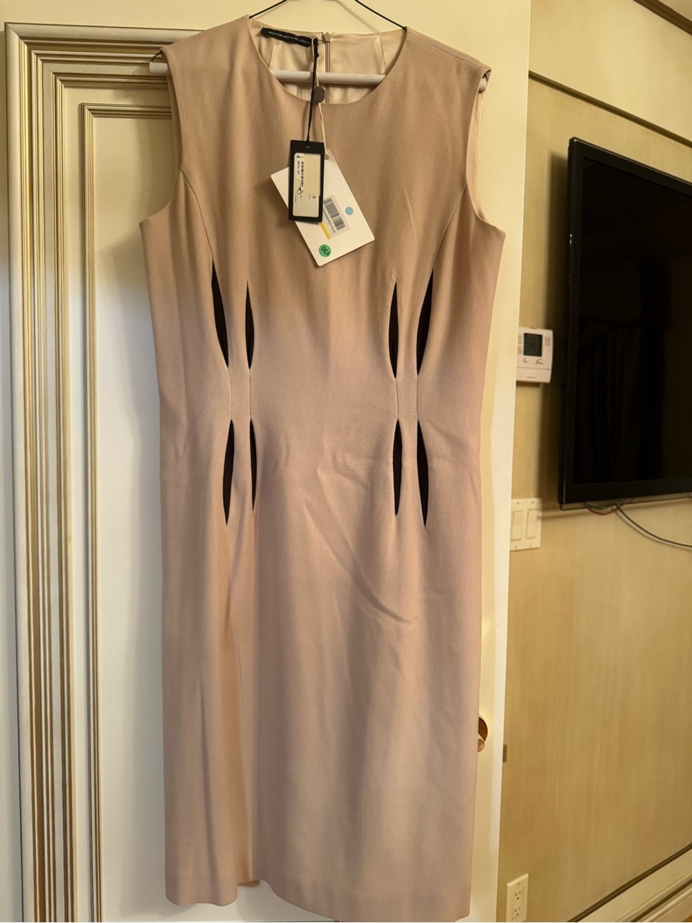 Sleeveless Beige Midi Sheath Dress with Vertical Cutouts